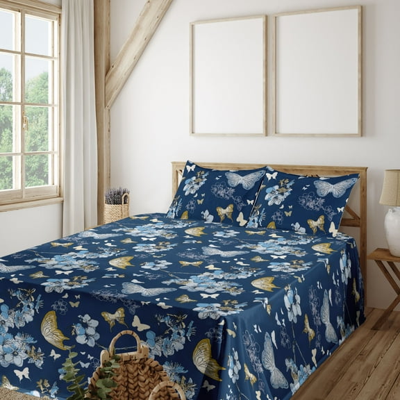 Ambesonne Springtime Fitted & Flat Sheet with Shams 4 Pcs Set, Modern Butterfly Floral, King, Dark Lavender Sea Blue