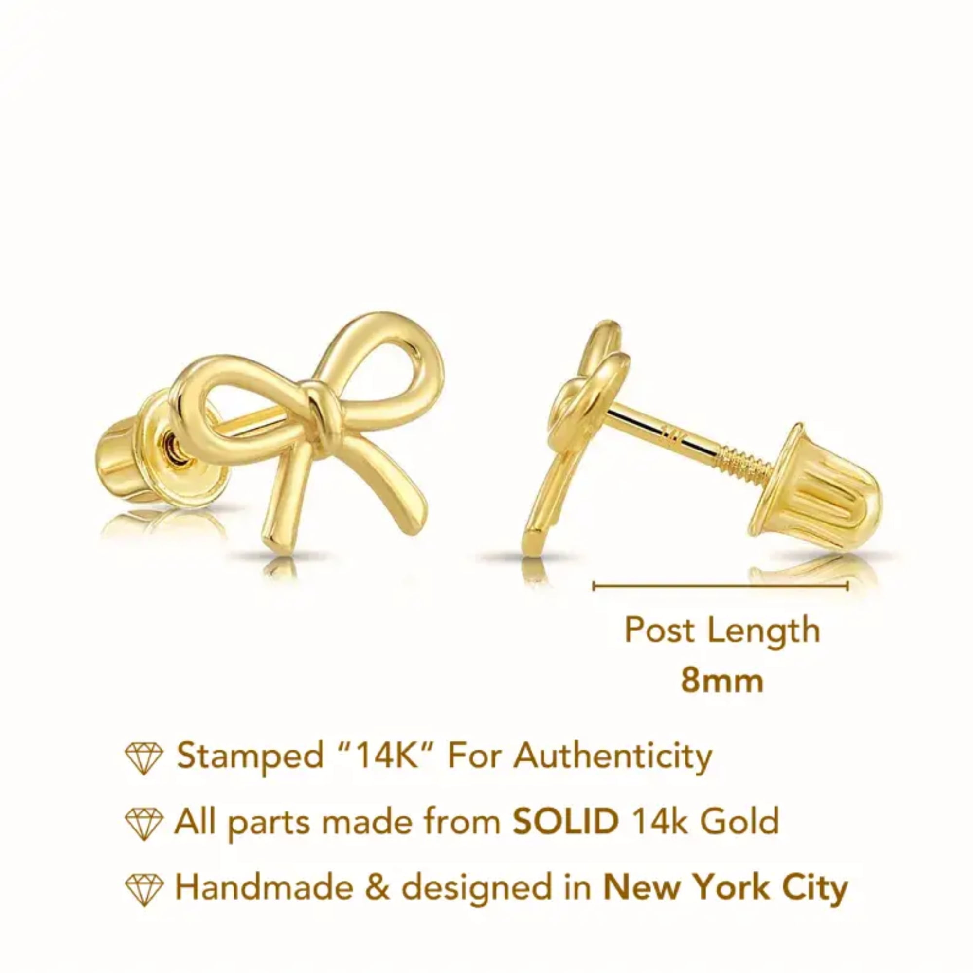 Tilo Jewelry 14K Yellow Gold Ribbon Bow Stud Post Earrings with Secure Screw-Backs | 8MM | Dainty Everyday Earrings for Women & Unisex
