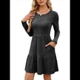 thumbnail image 3 of Vestido Corto Informal de Otoño de Larga para Mujer, de Punto Acanalado, Cuello Redondo, Fluido, Corte A, con Bolsillos Gris L, 3 of 8