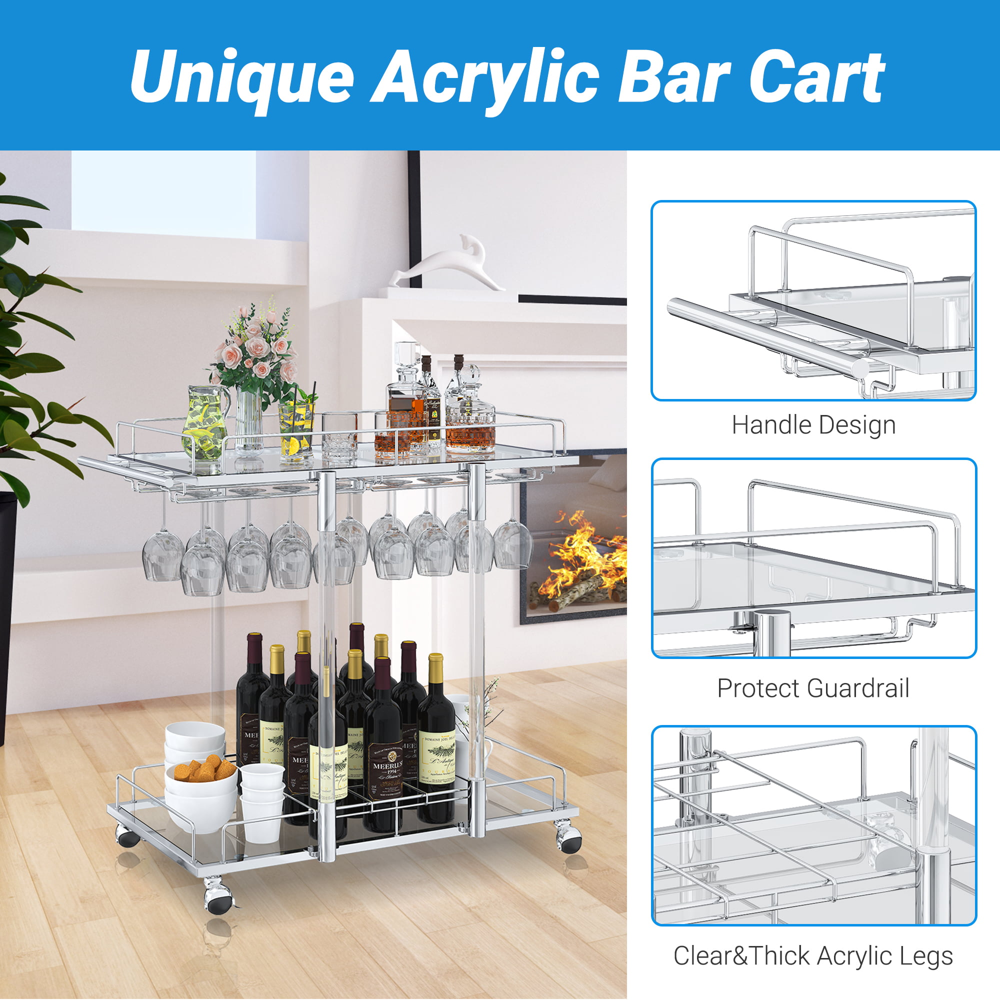 Great Choice Products Silver Delilah Bar Cart, 2 Tier Mobile Mini Bar,  Kitchen Serving Cart And Coffee Station With Storage For Wine And Glasses,  M…