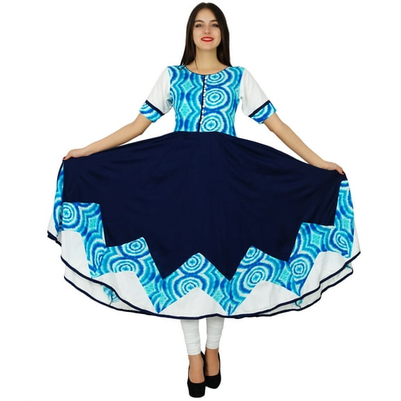 Bimba Designer Indian Clothing Navy Blue Printed Rayon Kurta Flaired Kurti Chic Dress