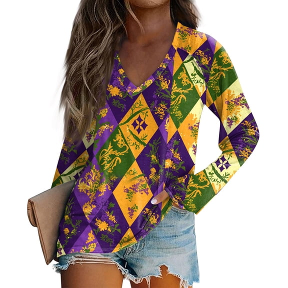 Mardi Gras Shirts Womens Sequins Mask Print V Neck Blouse Carnival Long Sleeve Party T Shirts Purple Pink 3XL