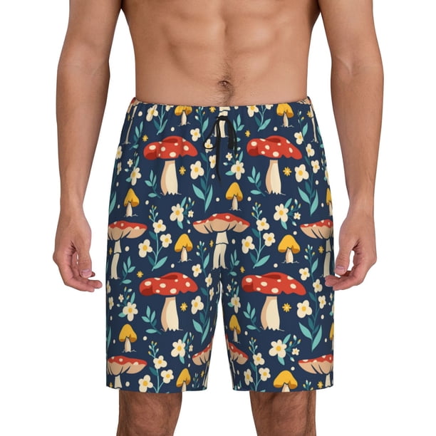 Balery Colorful Mushrooms Pantalones cortos de pijama de punto de algodón para hombre con cinturilla y bolsillos-Small