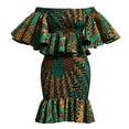 thumbnail image 2 of Bintarealwax African Two Piece Skirt Set for Women Kente Print Bodycon Off Shoulder Smocked Top and Skirts Outfits, 2 of 5
