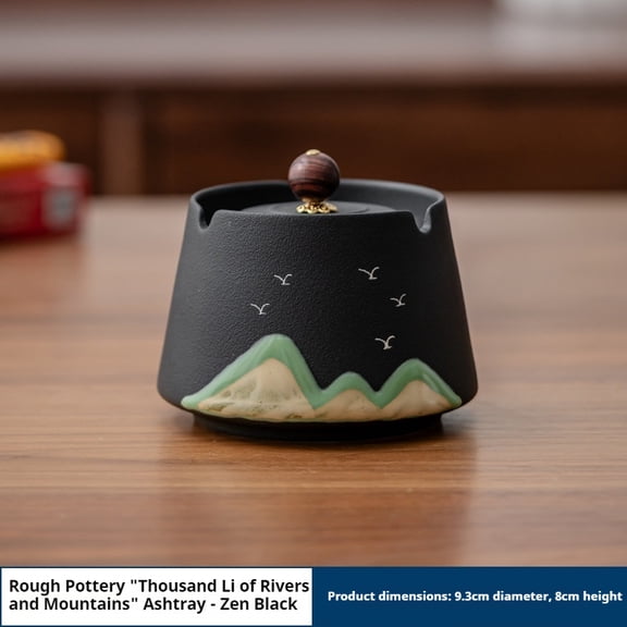 Ash Trays Indoors No Smell Coarse Pottery Ashtray With Lid For Office, Home, Living Room, Anti Fly Ash Tea Table Ornaments Black