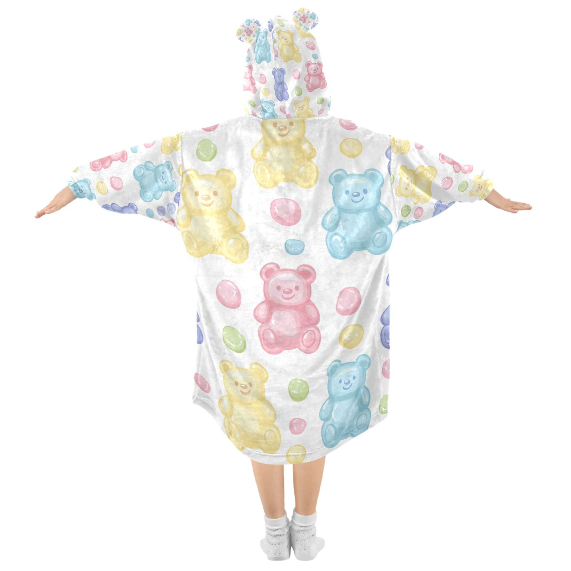 FORMRS Wearable Blanket Hoodie with Sleeves for Kids Cozy Flannel Sweatshirt, Colorful Gummy Bears Pattern
