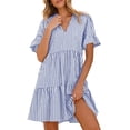 thumbnail image 5 of Long Sleeve Dress for Women Ndbuld Women's Summer Striped V-neck Pleated Casual Mini Beach Dress With Pockets Blue M, 5 of 9