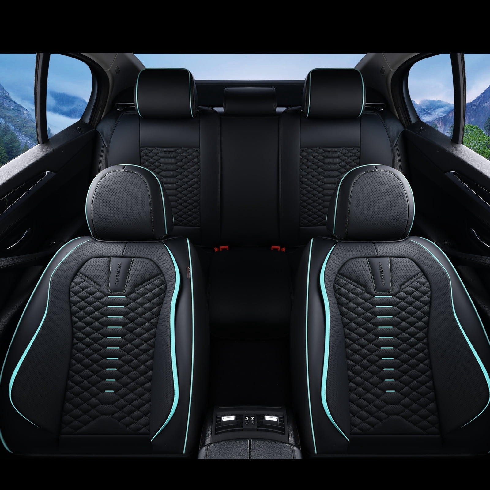 Coverado Black and Blue Trim Car Seat Covers Full Set, Premium Leather Front and Rear Split Bench Cover, Automotive Seat Protectors Universal Fit for Most Cars, SUVs and Trucks