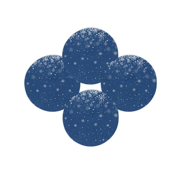 Christmas Round Placemats Set of 4 White Snowflake Place Mats Washable Woven Placemat Blue Circle Braided Table Mat for Kitchen Dining Table Party Home Decor 15 Inch
