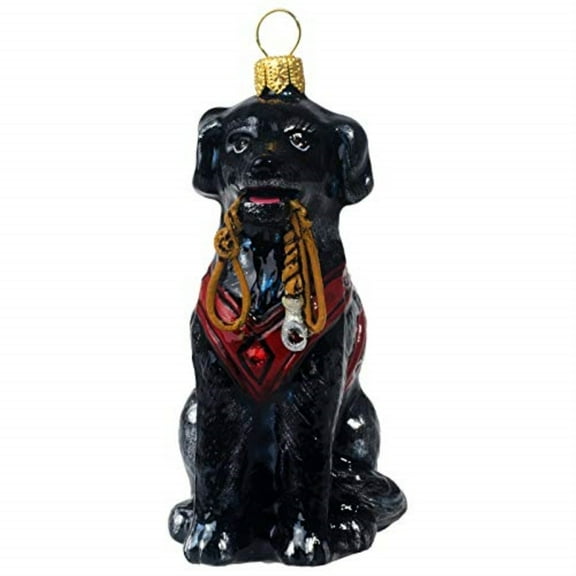 Black Lab with Vest and Leash Polish Glass Christmas Ornament