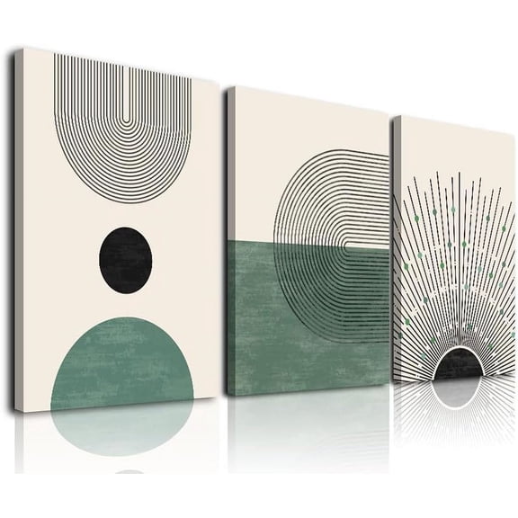 Sage Green Boho Wall Art Abstract Framed Canvas Wall Art for Living Room Minimalist Beige Green Sun Geometry Black Line Artwork Paintings Modern Sage Green Boho Room Green Wall Decor 12x16x3