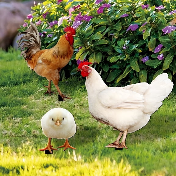 LAMIRO Metal Rooster Hen Chick Yard Stake Outdoor Garden Decor - Rustproof Farm Animal Lawn Art for Patio,Walkway - Set of 3 Large Chicken Statues with Ground Spikes