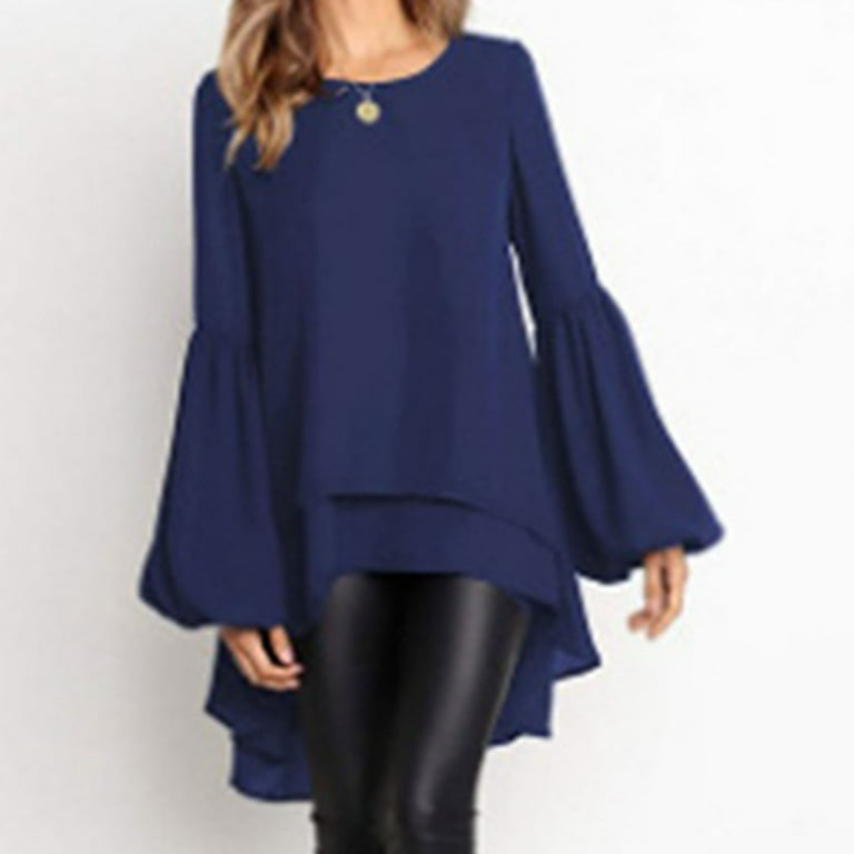 Womens Lantern Long Sleeve Shirt Round Neck High Low Asymmetrical Irregular Hem Pullover Irregular Ruffle Tops Casual Tunic Tops Solid Blouses Dark