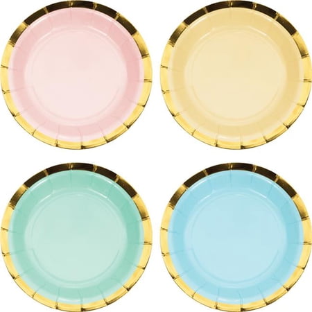 Club Pack of 96 Yellow and Blue Pastel Celebrations Disposable Round Paper Dessert Plates 7