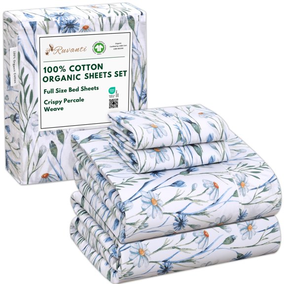RUVANTI 100% Organic Cotton Sheets - Full Size bed sheet - 4 Piece Percale Weave Bedding, Crisp, Cooling & Breathable, Soft & Durable, 15" Deep Pocket, Hotel Quality Sábanas - Daisy Bud