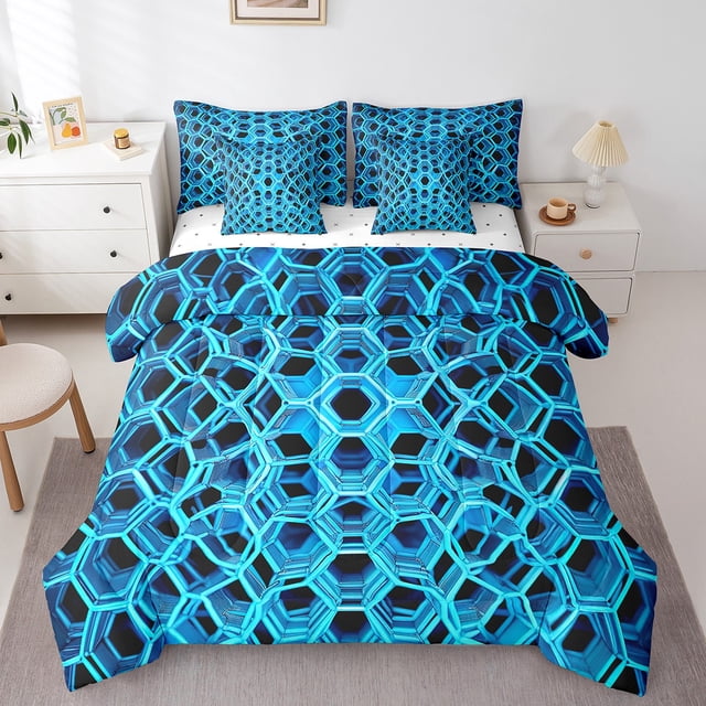 Trippy Honeycomb 7 Piece Comforter Set Full Bed in a Bag,Blue Beehive Bedding Sets Hexagon Geometry Sheet Set with Comforter,Simplistic Geometrical Creative Geometric Bed Set