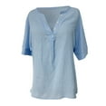 thumbnail image 4 of MIXUE Womens Summer Tops Linen Solid Color Button Down V Neck Short Sleeve Loose Casual Fashion Pullover Tshirts Activewear,Blue,M, 4 of 5