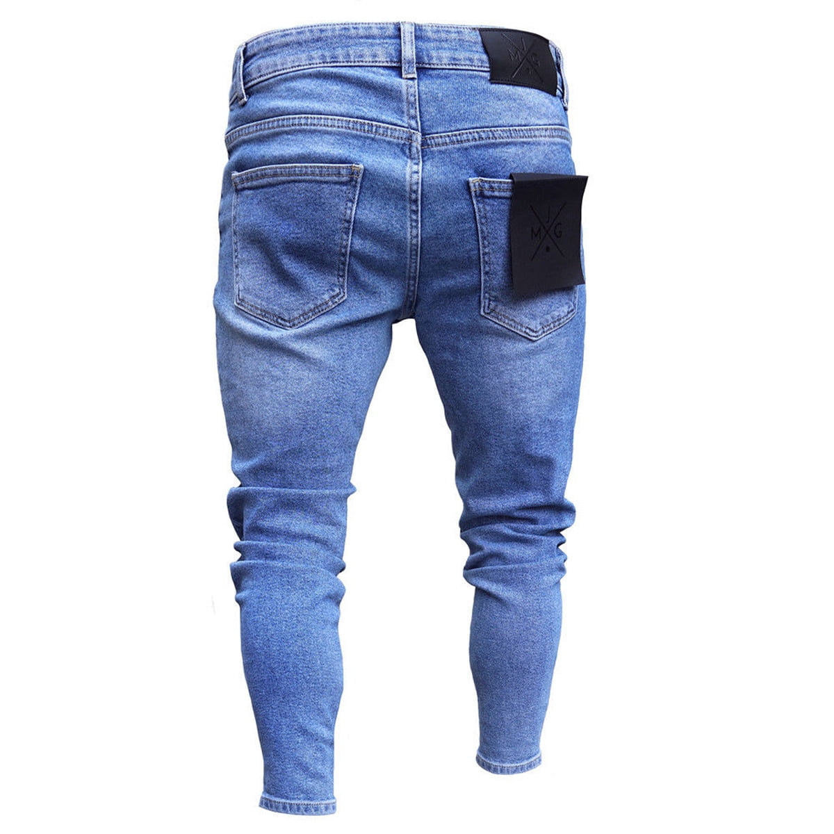 Ma&Baby Men Denim Pants Ripped Frayed M Trousers Slim Blue Stretch Fit Jeans Biker