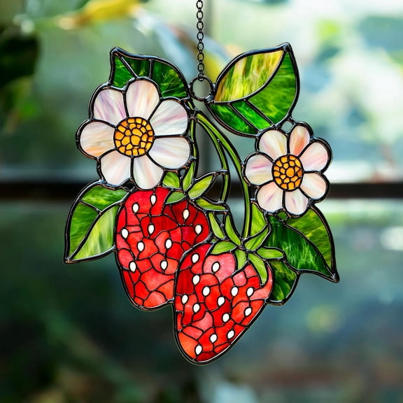 Strawberry Branch ACRYLIC Suncatcher, Floral Window Hanging Ornament, Perfect Housewarming Gift for Nature and Berry Lovers
