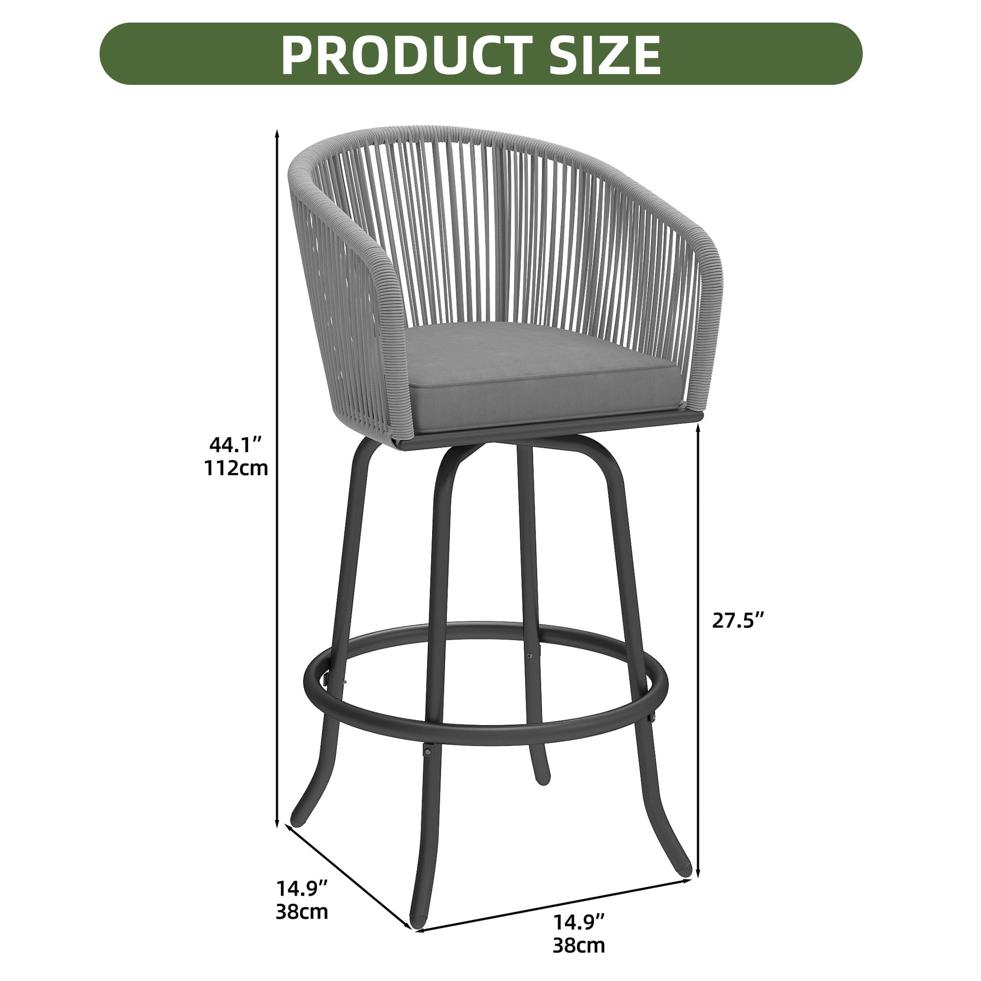 Uforic Patio Bar Stools Set of 2, Counter Height Swivel Bar Stools with Cushions, Outdoor Rattan Chairs for Backyard, Balcony, Deck, Lawn and Indoor Use, Gray