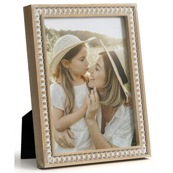 Afuly 5x7 Picture Frame Boho 5x7 Photo Frame with Mats Farmhouse White Wood Shabby Chic Wall Hanging Display for Birthday Wedding Friends Mother's Day Gift with Broken Decoration Pine Beads