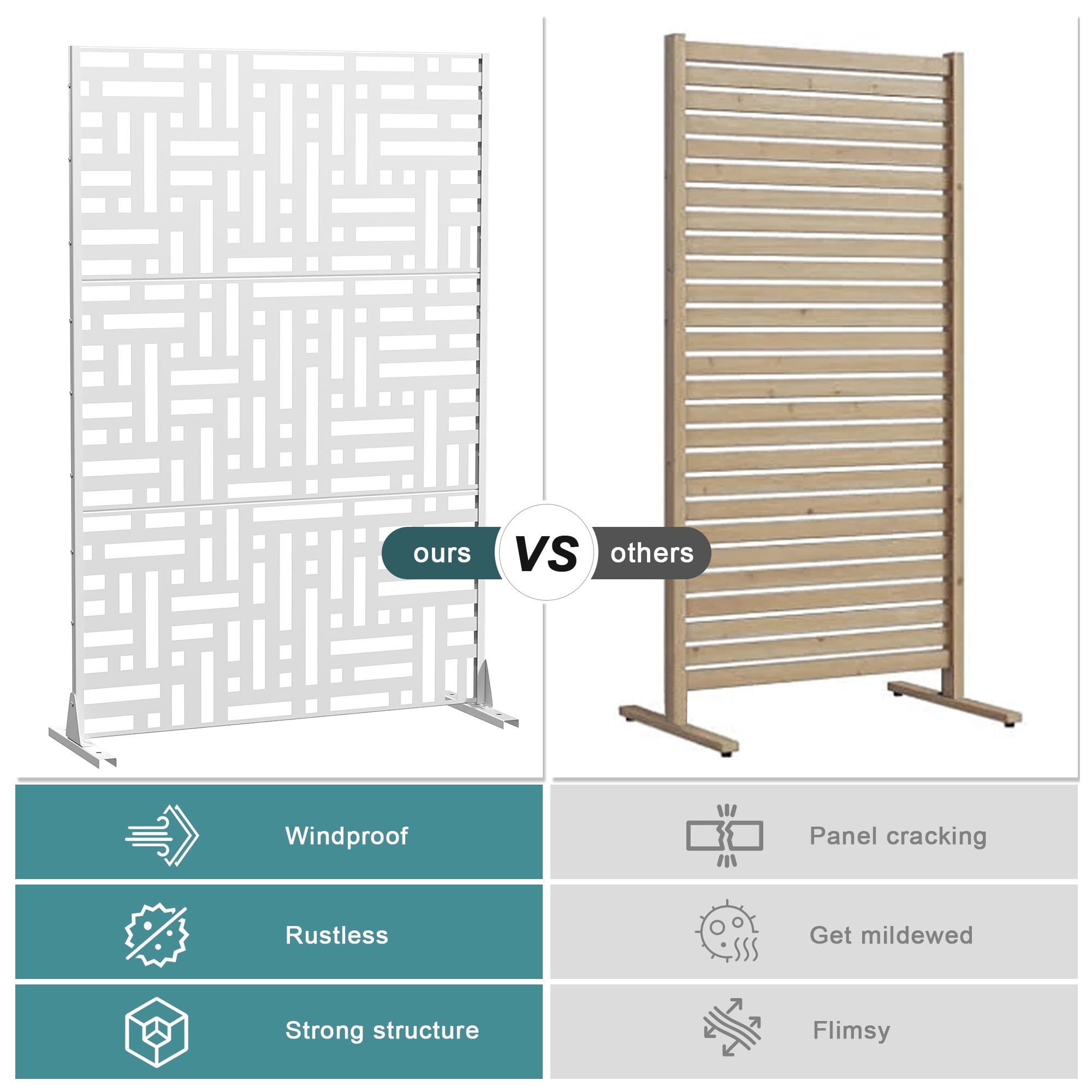 MAYEERTY 72" × 47" Outdoor Privacy Screen, 3 Panels Metal Decorative Screen, White
