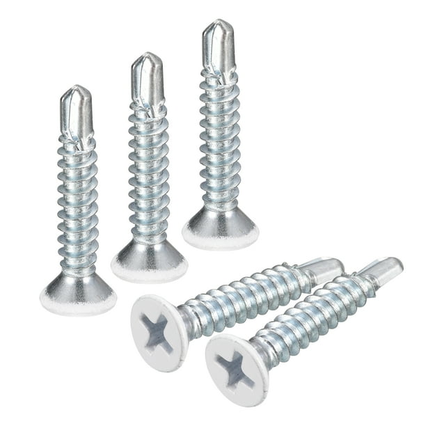 Tornillos autorroscantes Uxcell #8 x 1" blancos, paquete de 100, tornillo de cabeza plana Phillips para metal a madera