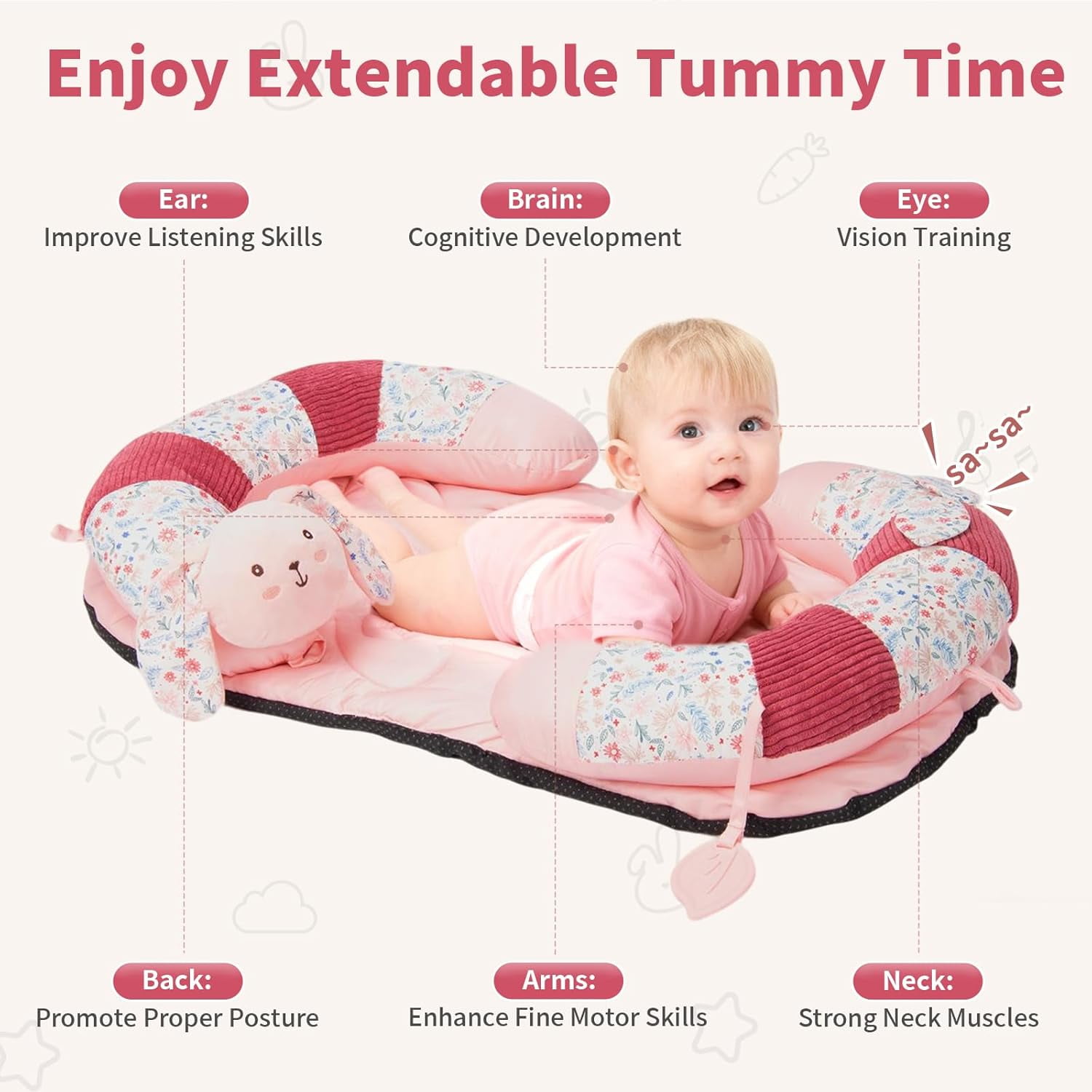 2in1 Tummy Time & Seat Support Baby Play Mat with 5 Sensory Toys, Baby Floor Seat for Sitting, Soft, Supportive, Essentials Development Gifts for Newborn Infant