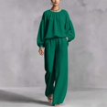 thumbnail image 4 of Mifsaly 2 Piece Linen Set for Women Crewneck Balloon Sleeve Tops and Lounge Trousers Trendy Going Out Travel Airport Vacation Matching Outfits, 4 of 6
