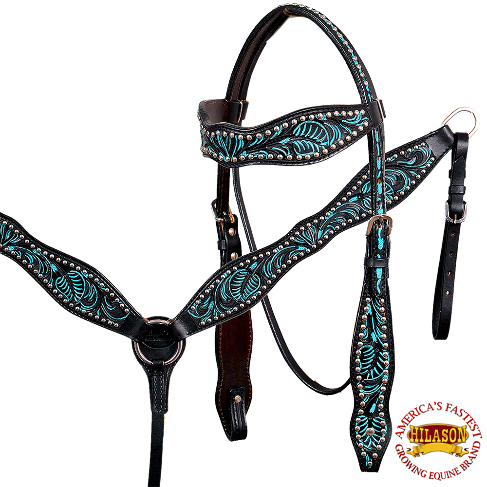 Western Horse Headstall Breast Collar Set Tack American Leather Black
