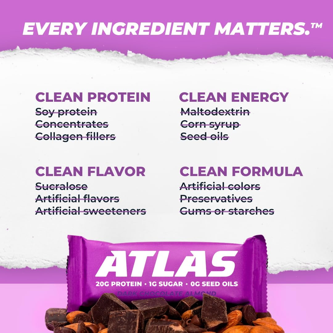 Atlas Protein Bar, Dark Chocolate Almond, 20g Protein, 1g Sugar, 0g Seed Oil, 12-Pack