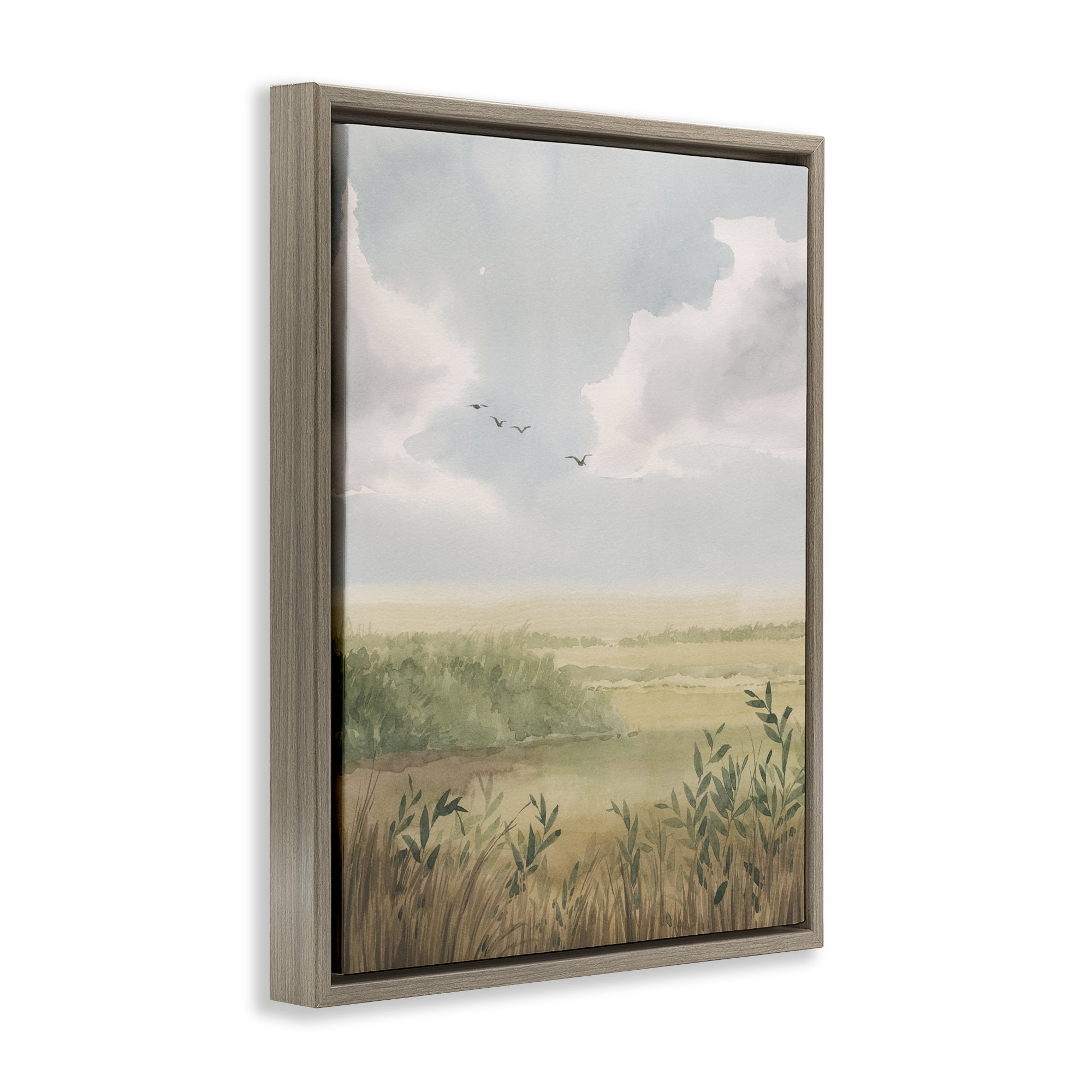 Stupell Industries Birds over Grasslands Landscape & Nature Painting Brown Floater Framed Canvas Art Print Wall Art, 17 x 21