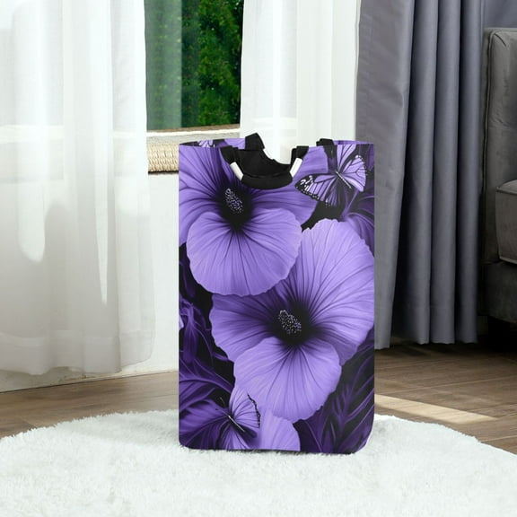 Purple Flowers and Butterflies Foldable Laundry Hamper 12.6x11x22.7in with Handles for Bathroom Bedroom Storage