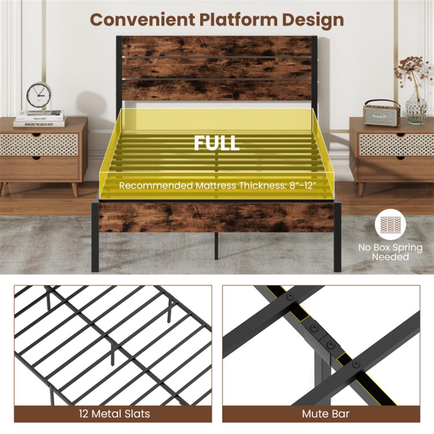 Demi Bonn Full Size Bed Frame with High Headboard and Mute Bar, Industrial Metal Platform Bed Frame with Under Bed Storage, No Box Spring Needed, Brown