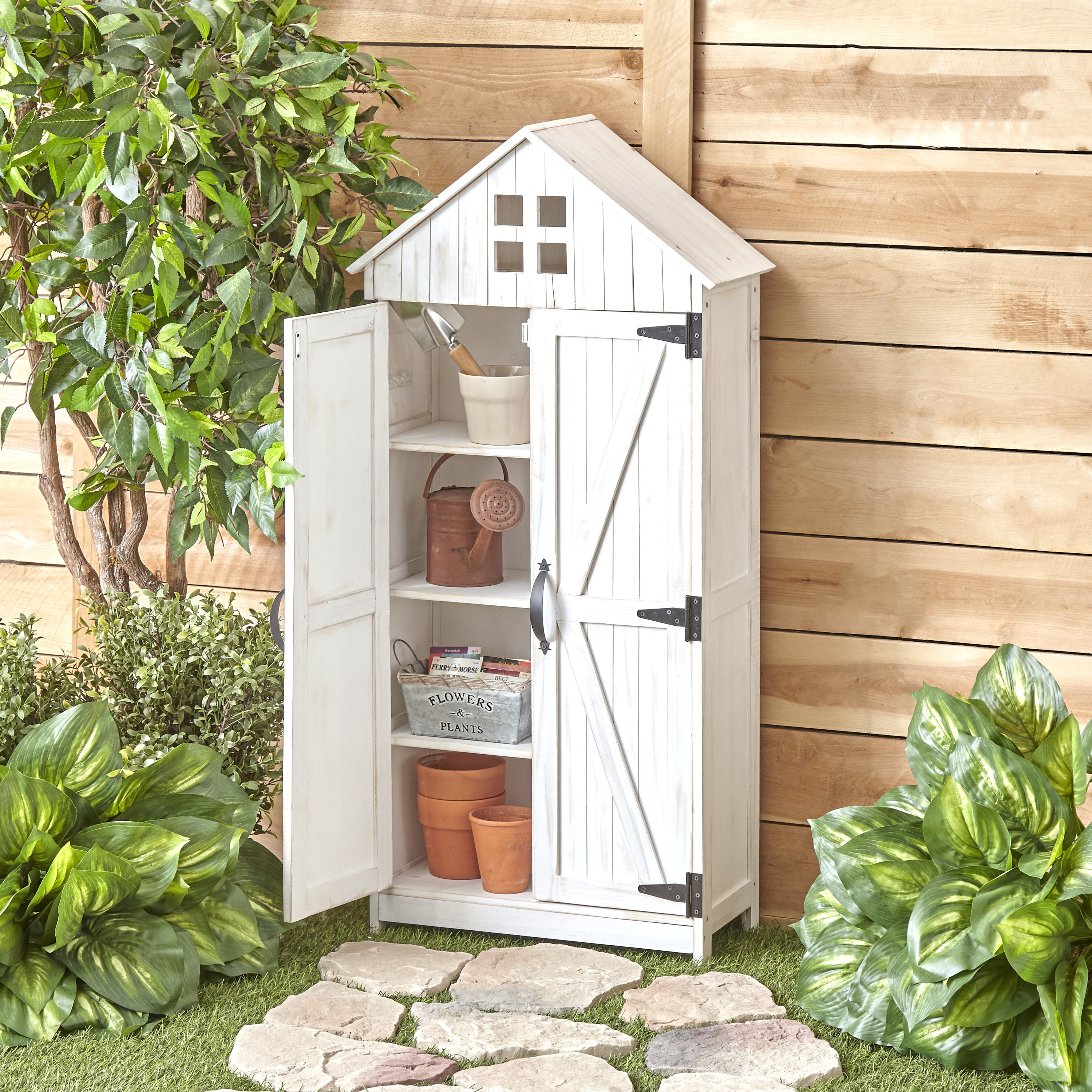 The Lakeside Collection Outdoor Storage Cabinet with Distressed Wood Finish Whitewashed 
