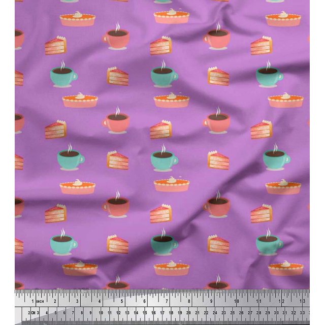 Soimoi Georgette Viscose Fabric Cake Slice & Coffee Beverages Print Fabric by The Yard 42 Inch Wide
