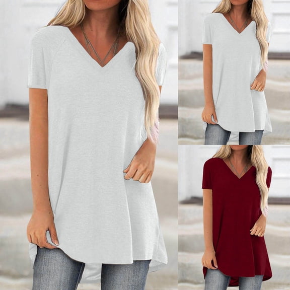 Eiyaclvo Long Tunic Tops for Women to Wear with Leggings Short Sleeve T-Shirt Casual Loose V Neck Blouses Business Work Top