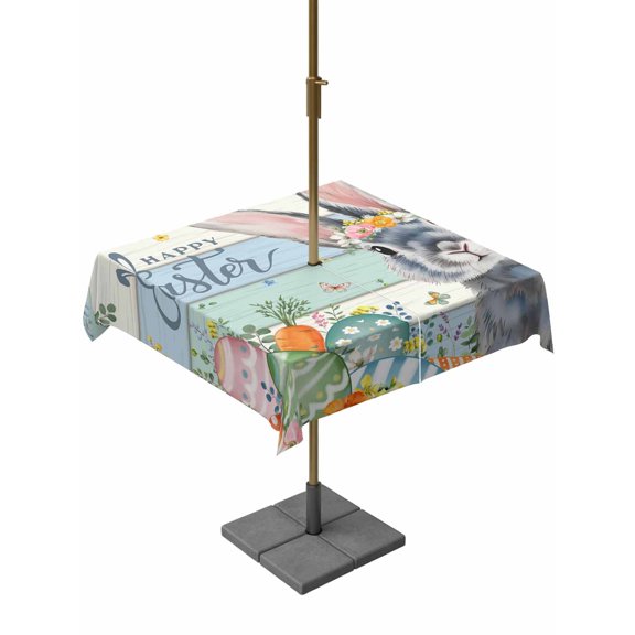 Outdoor Tablecloth with Umbrella Hole and Zipper, Easter Square Table Cloth 60x60 Inch Waterproof Tablecloth, Spring Bunny Easter Eggs Floral Beige Green Wood Picnic Table Cover for Patio Camping