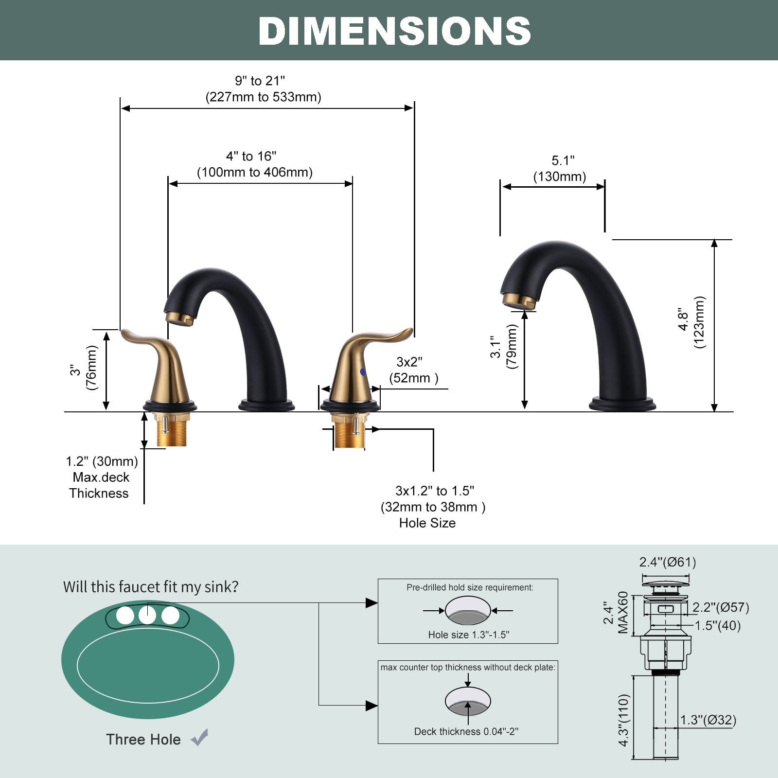 Wowow 8 in. Widespread Double Handle Bathroom Faucet in Black and Gold