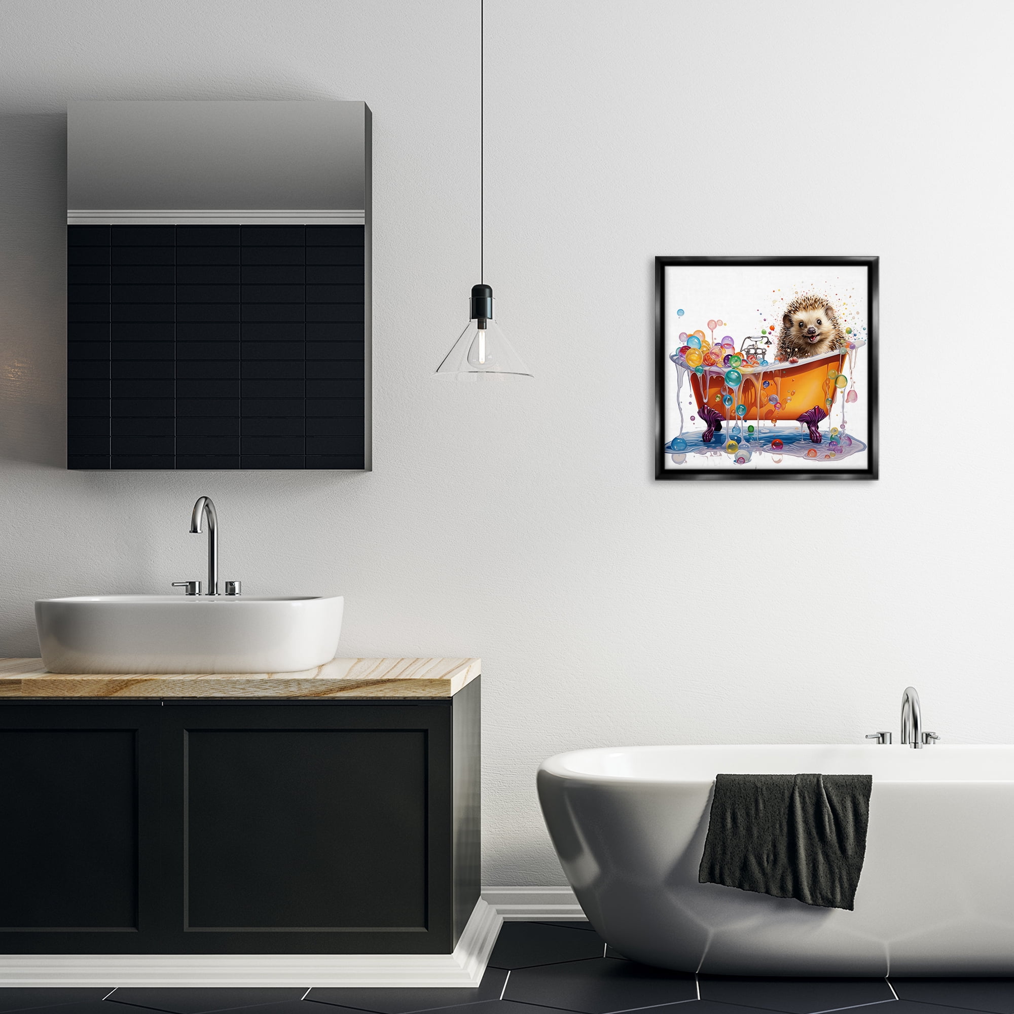Stupell Industries Happy Hedgehog Bubble Bath Bath & Laundry Painting Black Floater Framed Canvas Art Print Wall Art, 18 x 18
