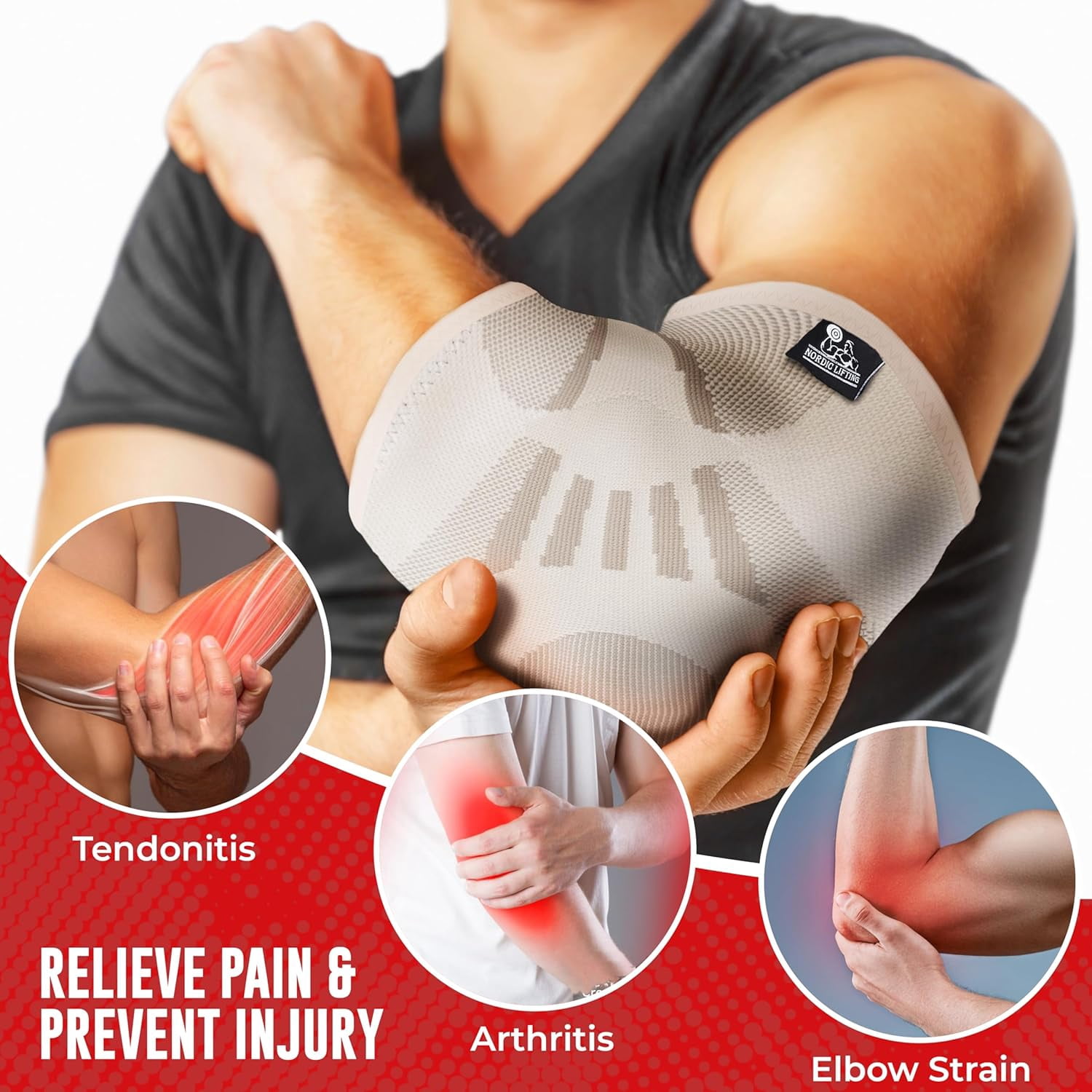 Nordic Lifting Elbow Brace for Tendonitis, Arthritis, Weightlifting, Golf, White, Extra Large, 1 Pair