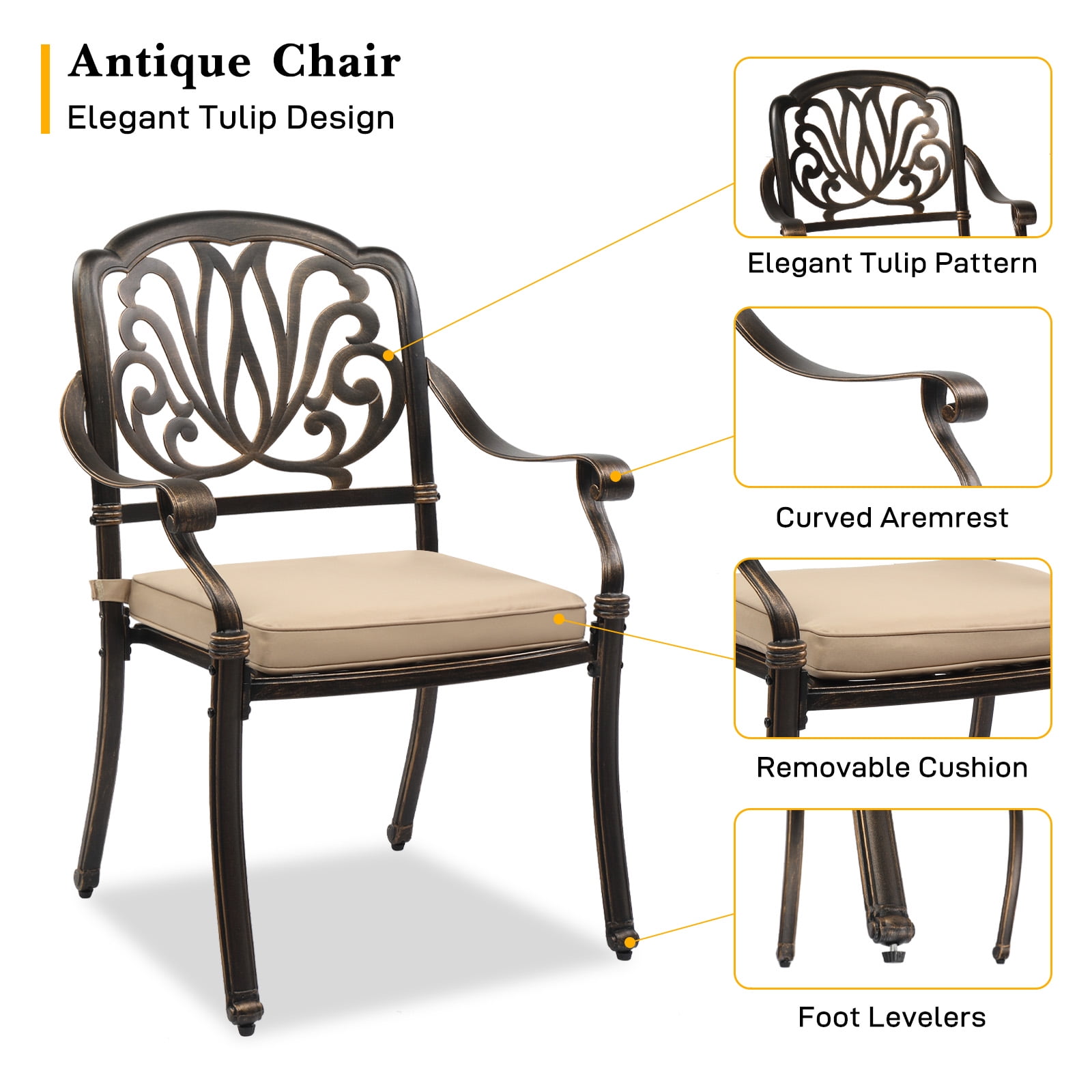 UBesGoo 2 Pcs Patio Dining Chairs, Outdoor All-Weather Cast Aluminum Chairs w/ Cushion,  Patio Bistro Conversation Chairs