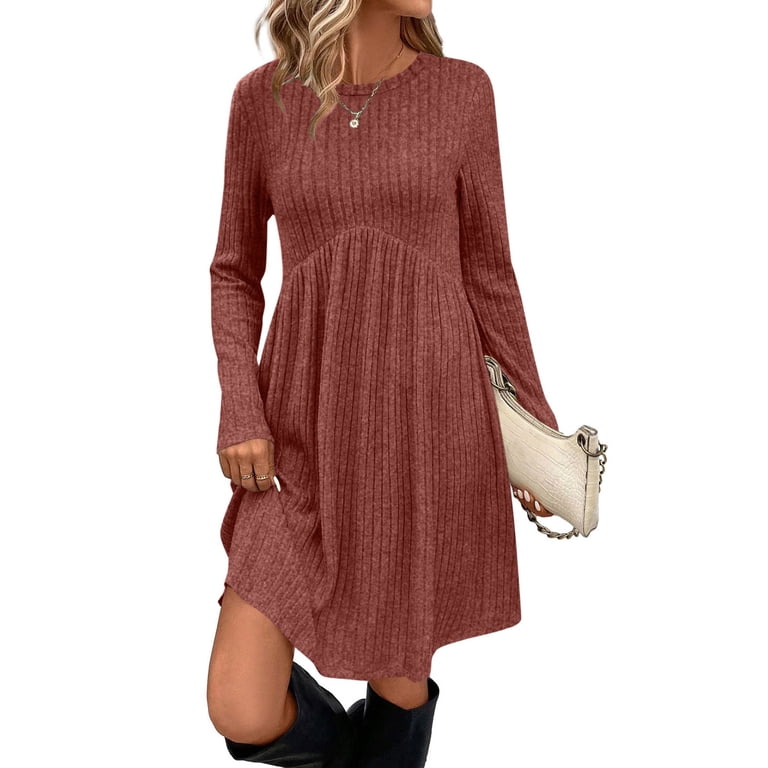 Jinhomg Winter Dresses for Women 2025 Trendy Casual Long Sleeve Crewneck  Knitted Midi Dress Empire Waist Tunic Dresses Orange L - Walmart.com