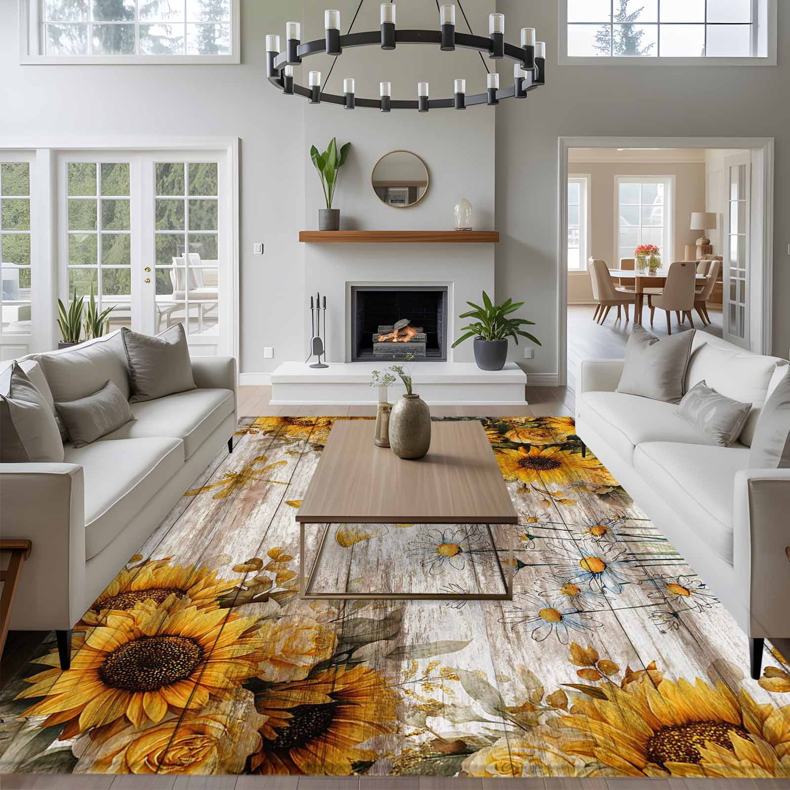 Large Area Rugs for Living Room Bedroom, Farmhouse Sunflower 5'x8' Rug Washable Carpet Runner Indoor Outdoor, Vintage Daisy Butterflies Rustic Wood Non Slip Floor Mats Rug for Kitchen, Bathroom