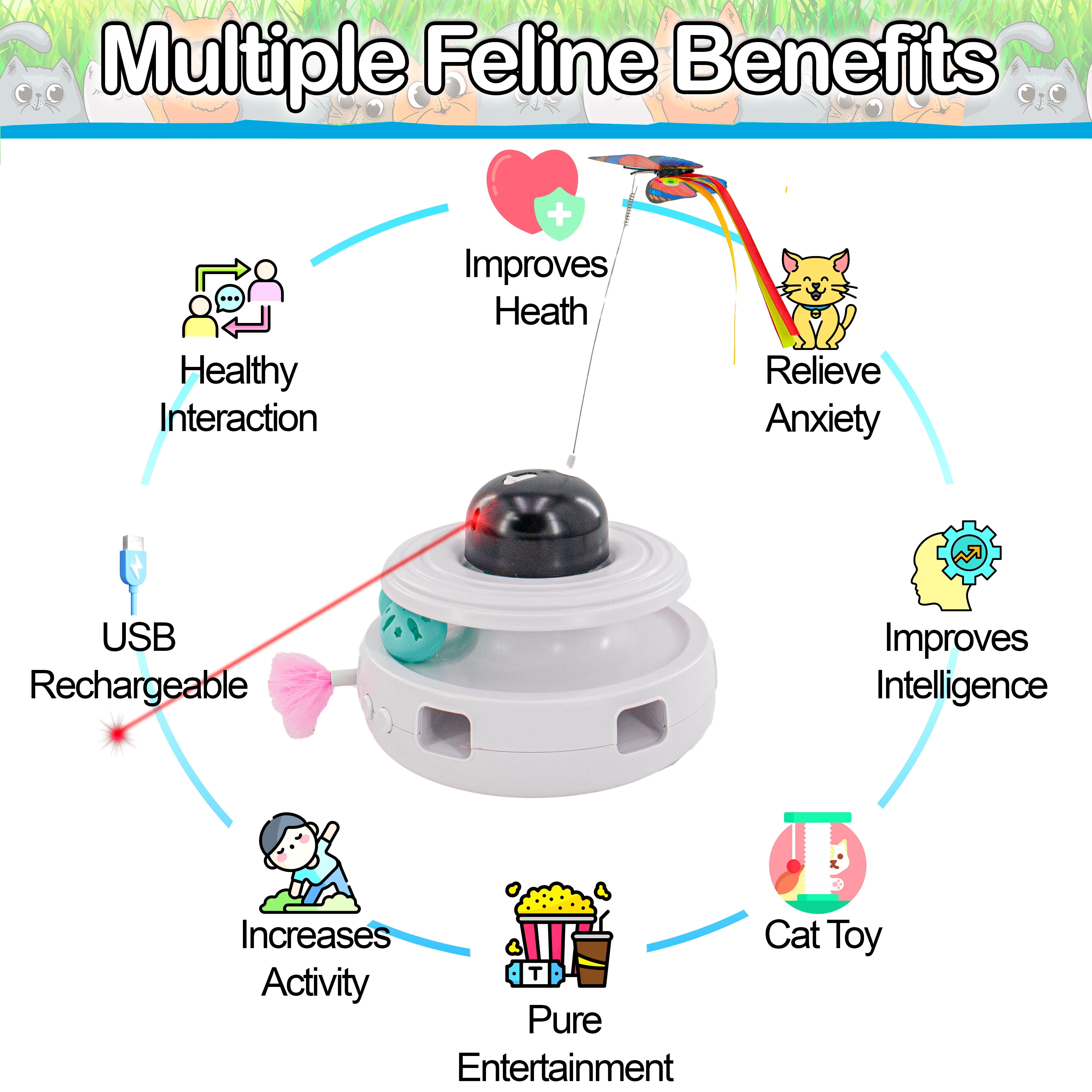 Interactive Cat Toy with Laser, Catnip Balls, Bird chirps & Feather Wand for Indoor Cats