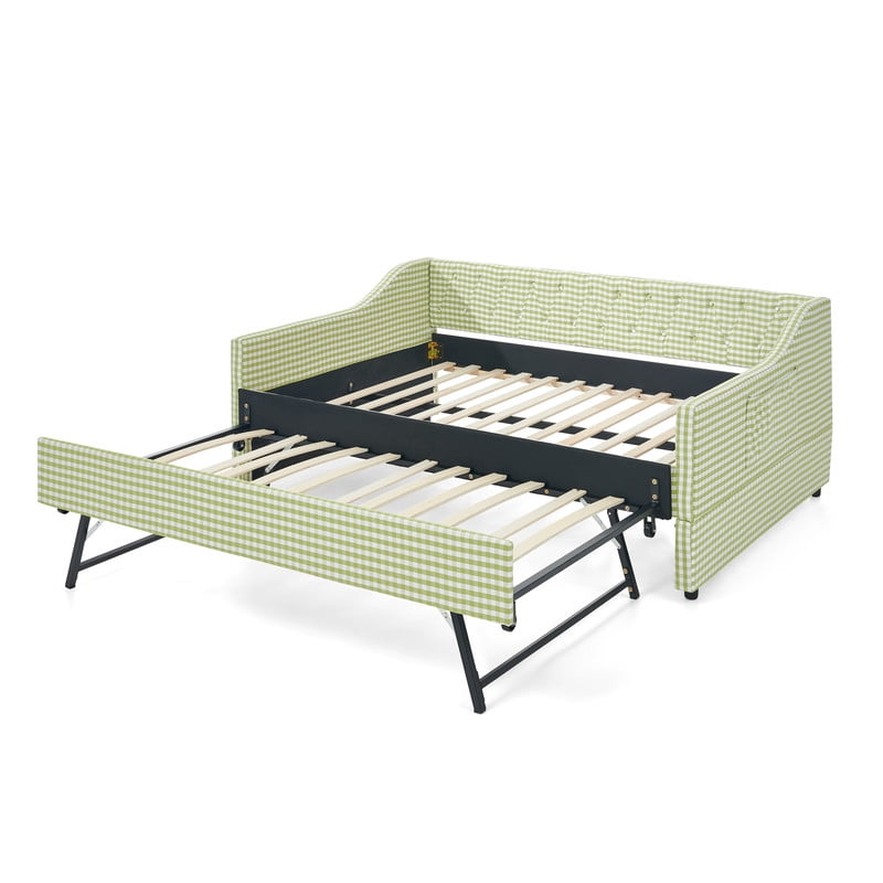 Full Size Daybed with Pop Up Trundle, Gingham Upholstered Daybed Frame with Tufted Button Backrest and Side Storage Pocket, Modern Sofa Bed for Living Room Bedroom