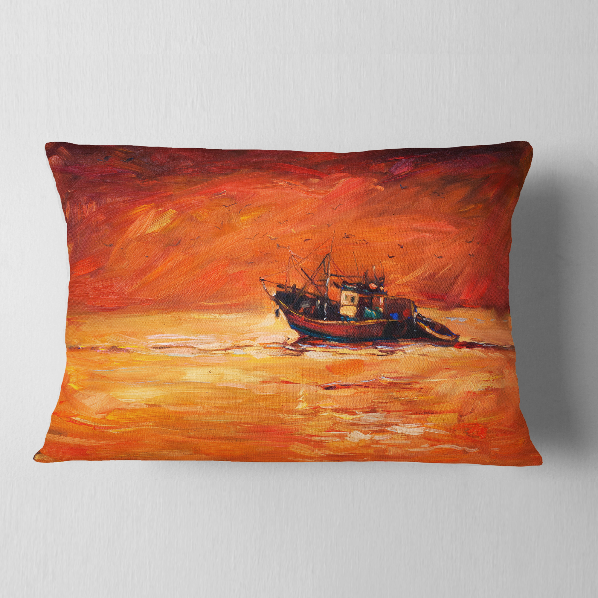 Designart Fishing Boat in Red Hue - Seascape Throw Pillow - 12x20