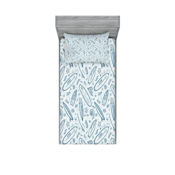 Ambesonne Surfboard Fitted Sheet & Pillow Sham Set, Doodle Summertime, Twin, Petrol Blue Slate Blue