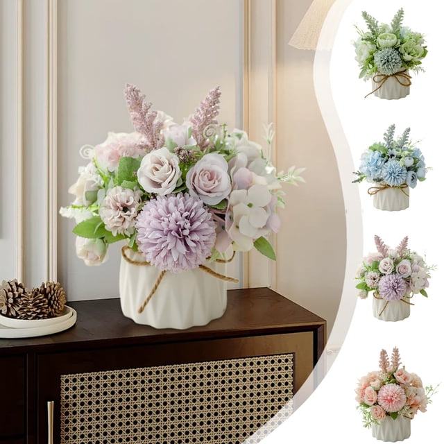Artificial Silk Flower Bouquet in Ceramic Vase - Home Office Wedding Table Decor