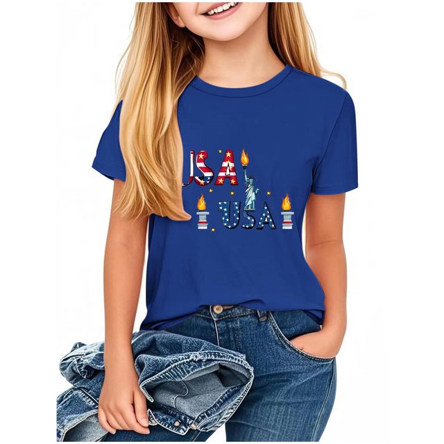 YABCSAZ Chemises du 4 Juillet pour Femmes, Robe de la Fête de l'Indépendance, Chemise Décontractée Imprimée pour Enfants, Col Rond, Manches Courtes, Bleu, 3 Ans